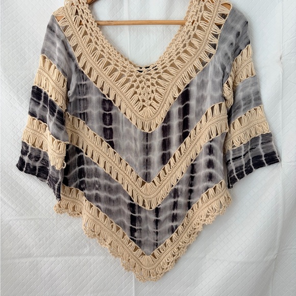Tops - Crochet-Trim Tie-Dye V-Neck Blouse - Cream & Gray